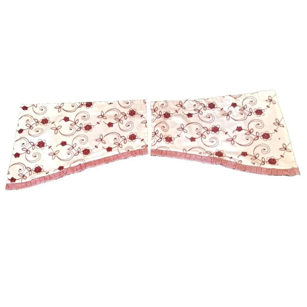 Waverly Valance Pair Beige Red Embroidered Floral Gingham Farmhouse 56x20